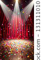 Gorgeous red stage curtain glittering golden confetti success announcement 131311010
