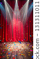 Gorgeous red stage curtain glittering golden confetti success announcement 131311011