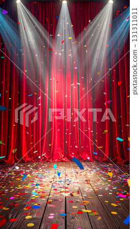 Gorgeous red stage curtain glittering golden confetti success announcement 131311011