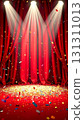 Gorgeous red stage curtain glittering golden confetti success announcement 131311013