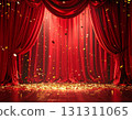 Gorgeous red stage curtain glittering golden confetti success announcement 131311065