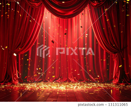 Gorgeous red stage curtain glittering golden confetti success announcement 131311065