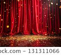 Gorgeous red stage curtain glittering golden confetti success announcement 131311066