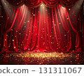 Gorgeous red stage curtain glittering golden confetti success announcement 131311067