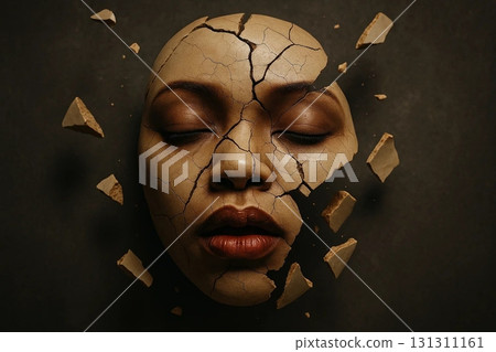Illustration of Porcelain Female Face with Cracks 131311161