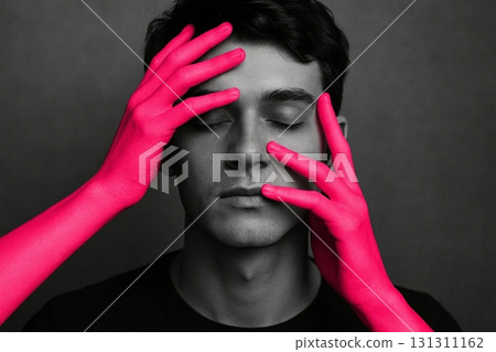 Female Hands in Pink Gloves Touching Male Face 131311162