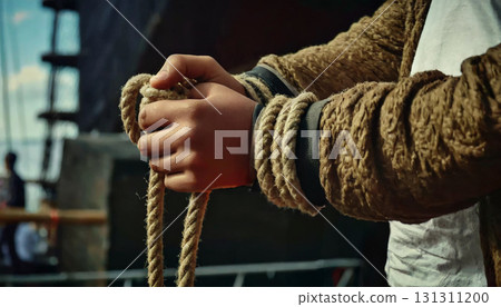 一張紀錄片風格的影像,一個人用繩子纏繞著他的手,傳達著力量和勞動的感覺。 一張紀錄片風格的影像,一個人用繩子纏繞著他的手,傳達著力量和勞動的感覺。 131311200