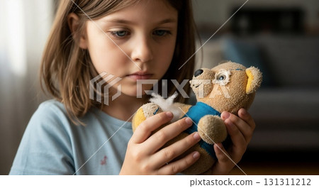 A child looks thoughtfully at a stuffed toy in their hands. 131311212