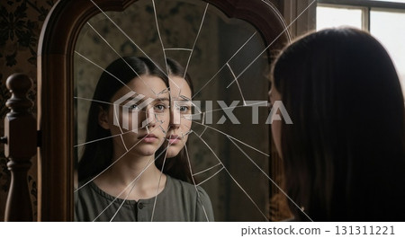 A girl stares at her reflection in a cracked mirror. 131311221