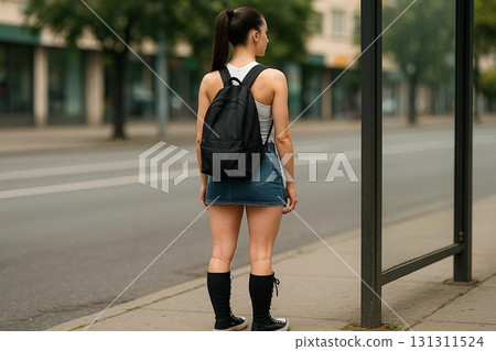 Young Woman with Backpack Standing at Bus Stop 131311524