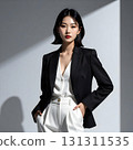 A portrait of a woman exuding a sophisticated impression in a monochrome suit, combining business and fashion 131311535