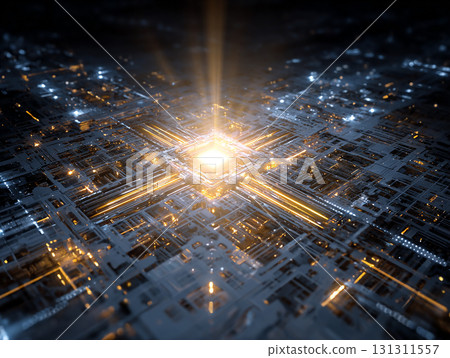 Abstract, three-dimensional digital background evocative of data processing and AI 131311557