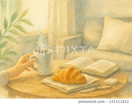 窗邊的清晨時光－喝咖啡、看書放鬆（水彩畫） 131311822