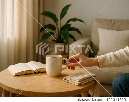 早上在窗邊放鬆，喝咖啡，看書 131311823