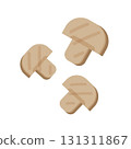 Fresh ripe champignon slices. Vector illustration of vegetables in a simple flat style. Edible, tasty, delicious, raw mushroom pieces. Perfect for culinary design. 131311867