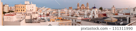 Cadiz Cathedral and cityscape at sunset, Cadiz, Spain 131311990