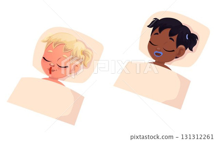 Flat design of kids with tape on mouth in bed 131312261