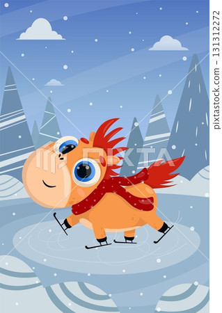 Vector illustration of a cheerful horse skating on ice. New Year, Christmas, gifts, sleigh, holiday, 2026, Horse, Chinese New Year, Horoscope, recreation, entertainment, games, ice, skates 131312272