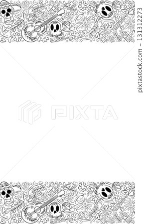 Border frame for traditional Mexican holiday dedicated to the memory of the dead. Skull, flowers, bones, guitar, border, frame Border frame for traditional Mexican holiday dedicated to the memory of the dead. Skull, flowers, bones, guitar, border, frame 131312273