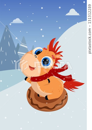 Vector illustration of a cheerful horse riding a sleigh down a hill. New Year, Christmas, sleigh, holiday, 2026, Horse, Chinese New Year, Horoscope, hill, games, entertainment, rest, day off 131312289