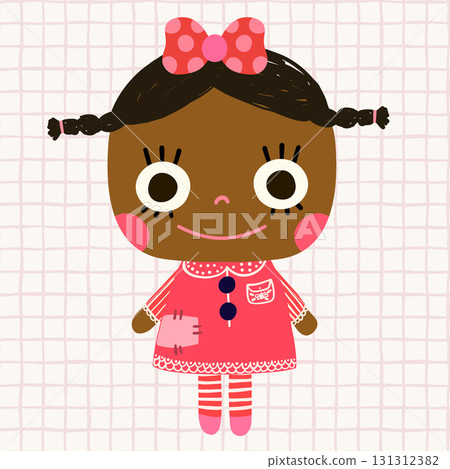 Vector kawaii doll graphic with dark skin and cute pink dress, hand painted children toy illustration 131312382