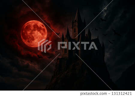 Spooky dark forest with glowing red moon casting shadows in a chilling Halloween scene. Spooky dark forest with glowing red moon casting shadows in a chilling Halloween scene. 131312421