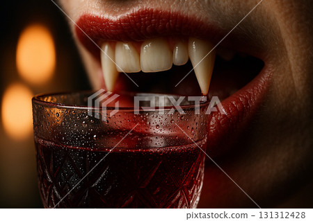 Vampire mouth with sharp fangs and blood detail emphasizing horror Halloween theme. Vampire mouth with sharp fangs and blood detail emphasizing horror Halloween theme. 131312428
