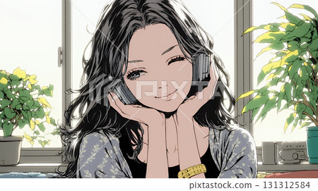 迷人的女人：一位正在聽她最喜歡的音樂的女人 131312584