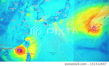 Computer screen showing Typhoons Ragasa or Nando and Neoguri over the Pacific Ocean near Hong Kong, Taiwan, and Japan, with wind patterns and storm tracks Computer screen showing Typhoons Ragasa or Nando and Neoguri over the Pacific Ocean near Hong Kong, Taiwan, and Japan, with wind patterns and storm tracks 131312647