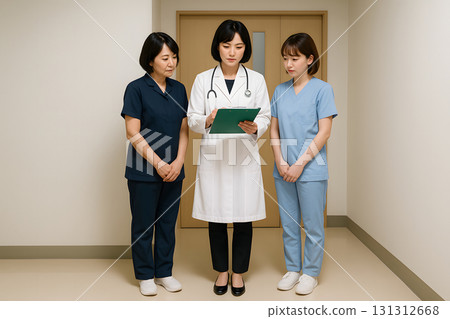 A female doctor, a head nurse, and a junior nurse review the patient's chart before the examination 131312668