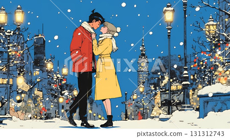 一對情侶在裝飾著聖誕燈的小鎮約會 131312743