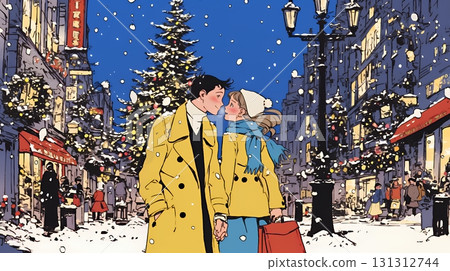 一對情侶在裝飾著聖誕燈的小鎮約會 一對情侶在裝飾著聖誕燈的小鎮約會 131312744