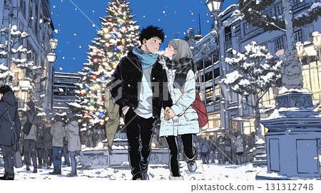 A couple on a date in a town decorated with Christmas lights 131312748
