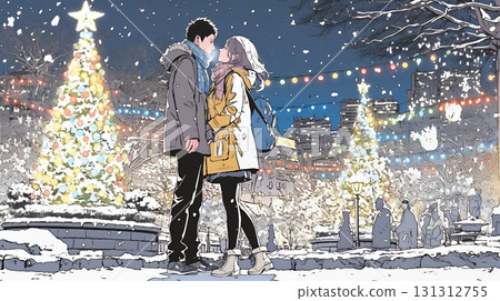 一對情侶在裝飾著聖誕燈的小鎮約會 131312755