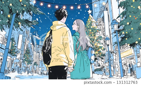 一對情侶在裝飾著聖誕燈的小鎮約會 131312763