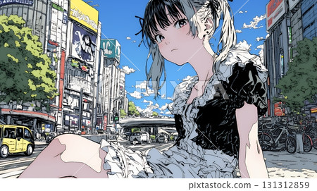 Halloween: A young woman walking around town in Gothic Lolita fashion 131312859