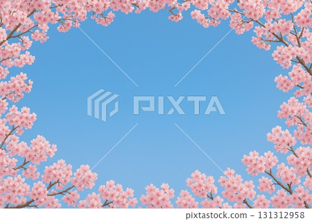 Frame Material: Cherry Blossoms in Full Bloom, Blue Sky, Photorealistic 131312958