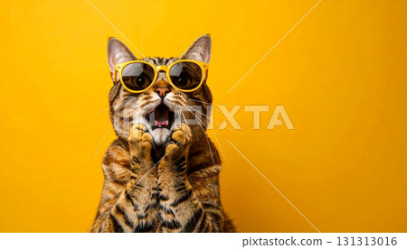 一隻戴著太陽眼鏡、在彩色背景下驚訝的貓。生成式人工智慧 131313016