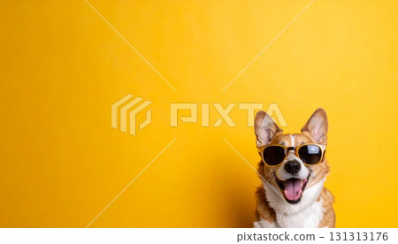 Colorful background and dog wearing sunglasses - AI generation 131313176