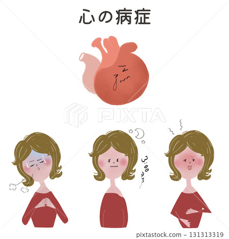An illustration of a young woman showing the symptoms that appear when the heart's function is impaired. 131313319