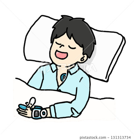 一名男子佩戴睡眠呼吸中止症 (SAS) 裝置的插圖（彩色） 131313734