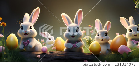 rabbits and eggs in the garden rabbits and eggs in the garden 131314073