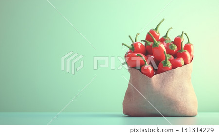 Bellpepper red vegetable seasoning on sack bag copy space blue background 131314229