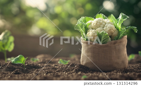 Cauliflower vegetable on sack bag healthy organic agriculture product 131314296