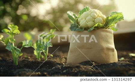 Cauliflower vegetable on sack bag healthy organic agriculture product 131314297