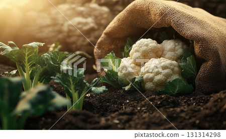 Cauliflower vegetable on sack bag healthy organic agriculture product 131314298