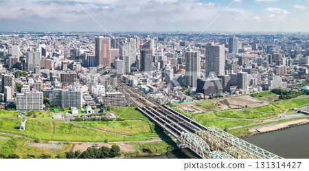 Aerial view of Kawaguchi city center taken from the Arakawa riverbed in Saitama Prefecture 131314427
