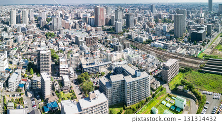 Aerial view of Kawaguchi city center taken from the Arakawa riverbed in Saitama Prefecture 131314432