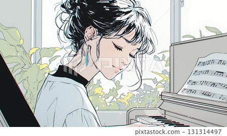 Young woman playing the piano 131314497
