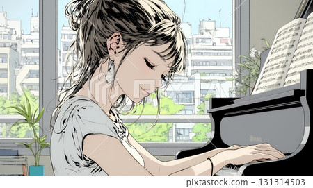Young woman playing the piano 131314503